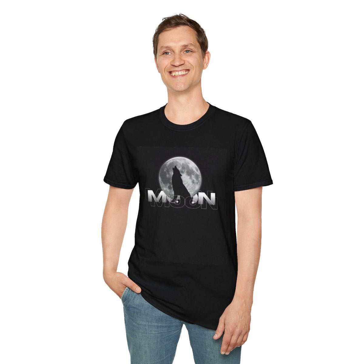 Moon Wolf Graphic Tee, Unisex Softstyle T-Shirt, Casual Wear, Gift for Animal Lovers, Halloween Top, Night Sky Shirt