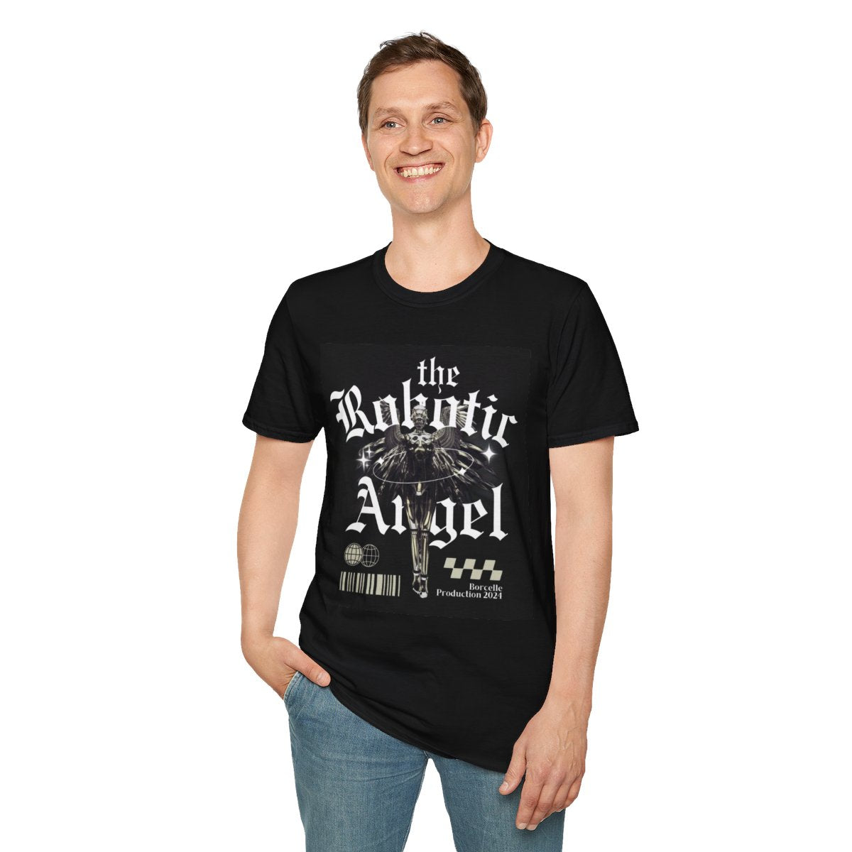 Robotic Angel Graphic Tee | Unisex Softstyle T-Shirt, Streetwear, Gift for Tech Lovers, Casual Fashion, Futuristic Style