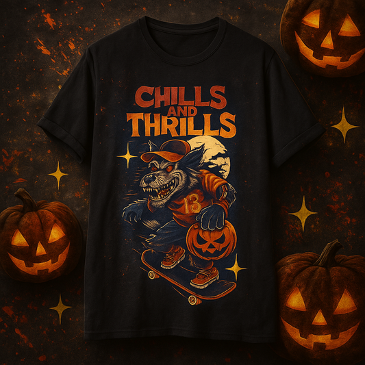 Chills and Thrills Skateboarding Halloween T-Shirt | Unisex Graphic Tee, Spooktacular Gift, Halloween Party Wear, Casual Streetwear,